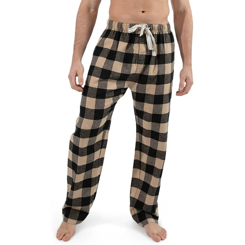 CHINEE Men's Classic Design 100% Cotton Flannel Pajama Lightweight Mid Home Lounge Wear High Quality Straight Pattern Canvas Trousers