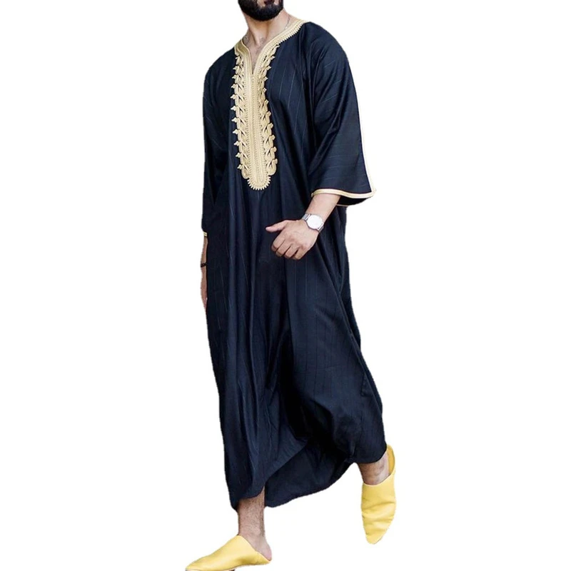 CHINEE Men's Clothing Arab Robes Middle Eastern Printed Loose V neck Short Sleeved Robes