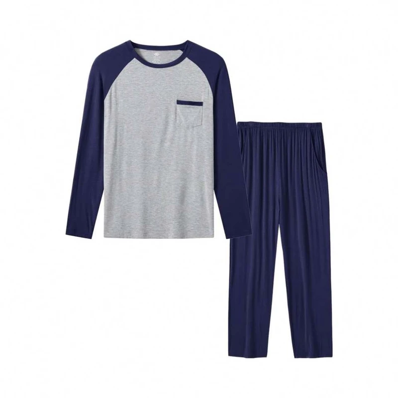 CHINEE Men's Comfortable Knitted Pajama Sets Long Sleeve Solid Top with Pocket Breathable Bottom Pyjamas 2-Piece Loungewear