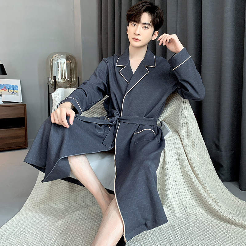 CHINEE Men's Cotton Long sleeved Geometric Pattern Comfortable Bathrobe Kimono Nightgown for Spring Autumn Dad's Sleeping Pajamas