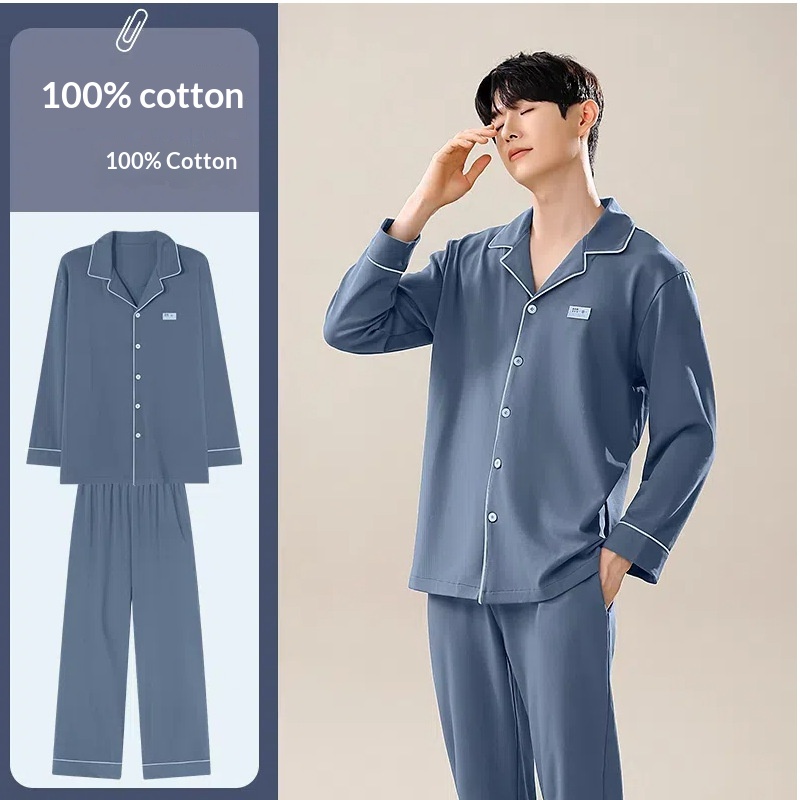 CHINEE Men's Cotton Pajama Set Garment Dyed Printed Men's Pajamas Spring and Autumn Long Sleeve Home Suit Casual High Quality Outfit