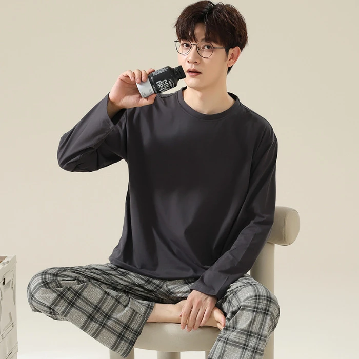 CHINEE Men's Cotton Pajama Set Long Sleeve Round Neck Sleepwear 2 Piece Lounge Wear for Spring & Autumn Soft Home Loungewear
