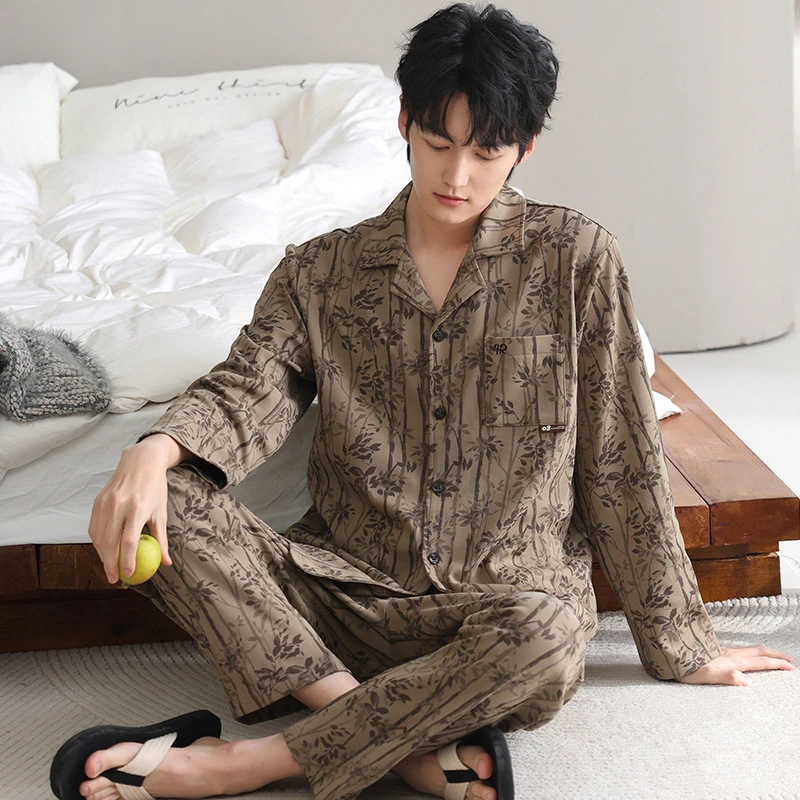 CHINEE Men's Cotton Pajama Set for Autumn & Winter Long Sleeve Casual Lounge Wear Simple XL Sleepwear Suitable for Light Outdoor Use