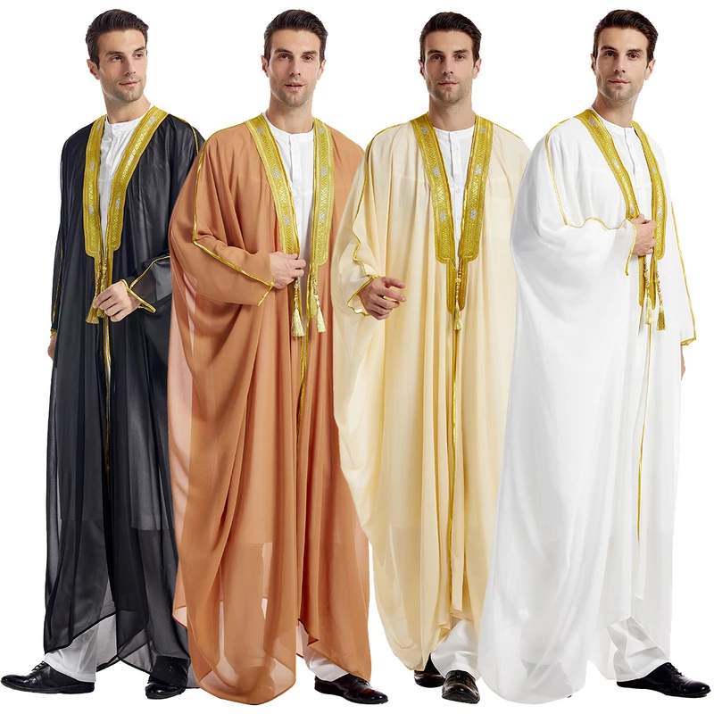 CHINEE Men's Ethnic Muslim Robes Solid Color Embroidered Long Sleeves with Beaded Chiffon Abaya Robe