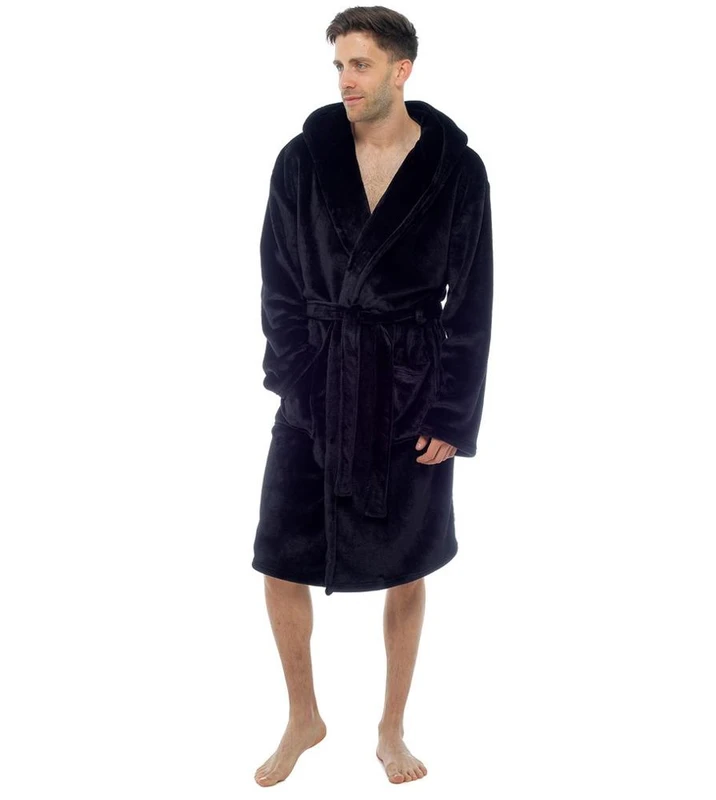 CHINEE Mens Flannel Fleece Hooded Bathrobe Soft Dressing Gown House Coat Thermal Quick Dry 100% Polyester Hotel Use