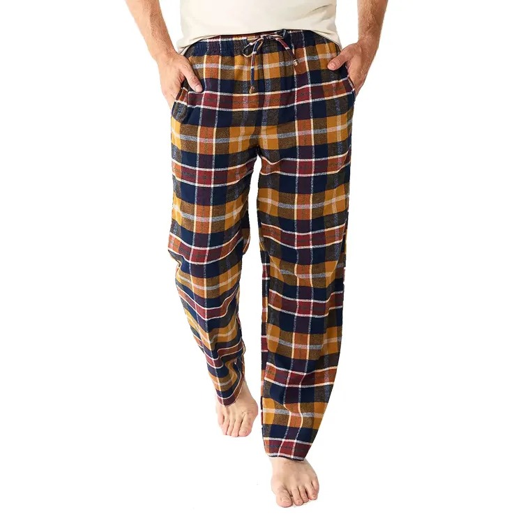 CHINEE Men's Flannel Pajama Trousers Elastic Waist Mid Rise Straight Casual Home Pants