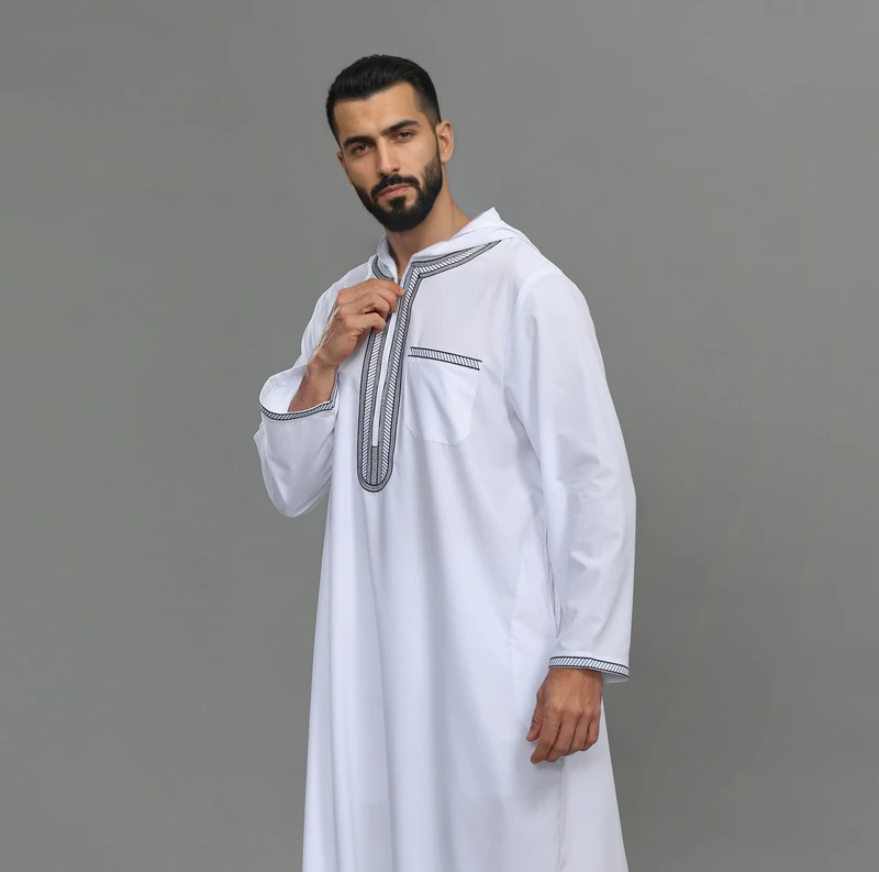 CHINEE Men's Gulf Thobe Arabic Traditional Robe Qatari Dishdasha Stand Collar Buttoned Cuffs Long Sleeve Premium