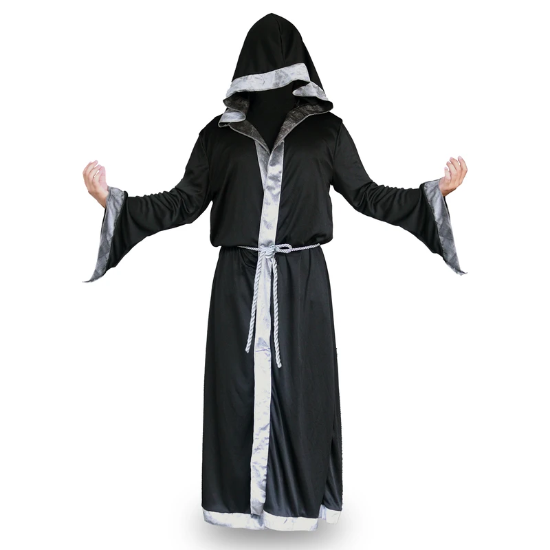 CHINEE Men's Halloween Wizard Robe with Hood Black Cloak Featuring Skirts and Belt Costume Accessory