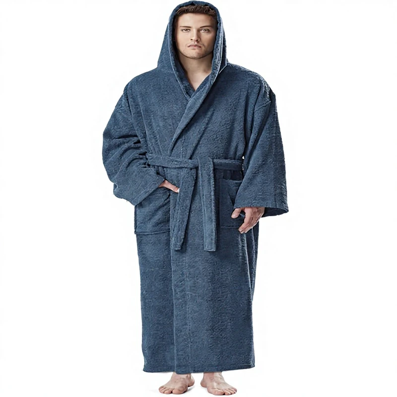 CHINEE Mens Hooded Classic Turkish Cotton Bathrobe With Full Length Options 100 Percent Cotton Long Sleeve