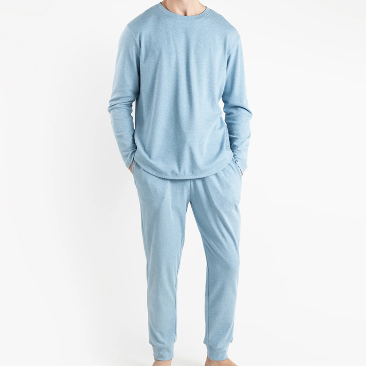 CHINEE Men's Jersey PJ Set Long Sleeve Pajamas Organic Cotton Mens Sleepwear Sustainable Night Wear for Men Pyjama Two Piece Sets