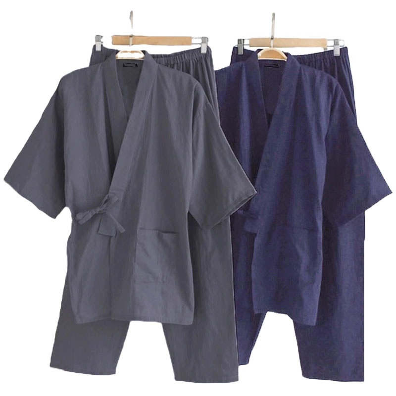 CHINEE Mens Kimono Pajamas Sets Male Robe Gown 2Pcs Set Bathrobe Sleepwear Loose Man Cotton Comfortable Pajamas Sets