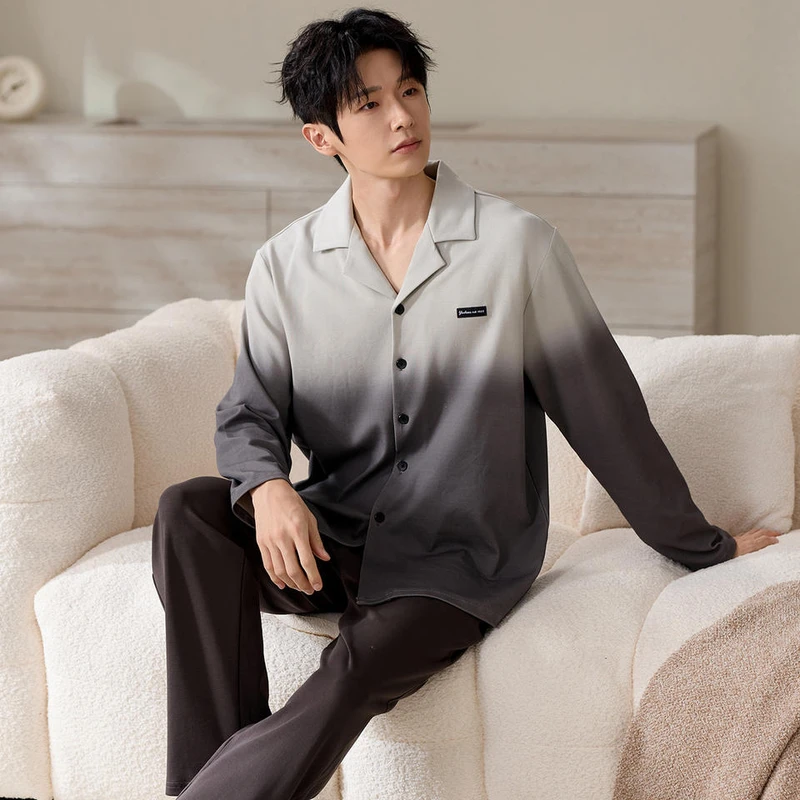 CHINEE Men's Knitted Cotton Collared Button down Long sleeve Pajama Set Print Color Block Design Breathable Fashionable Casual