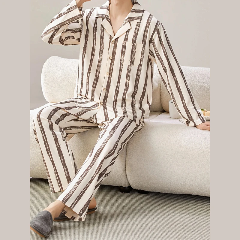 CHINEE Men's Long Sleeve Pajama Set Casual Knit Polyester Spring Autumn Fashion Unisex Pyjamas 2 Piece Custom Men's Set