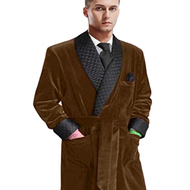 CHINEE Men's Long Smoking Jacket with Belt Velvet Smoking Robe Shawl Lapel Quilted Dressing Gown