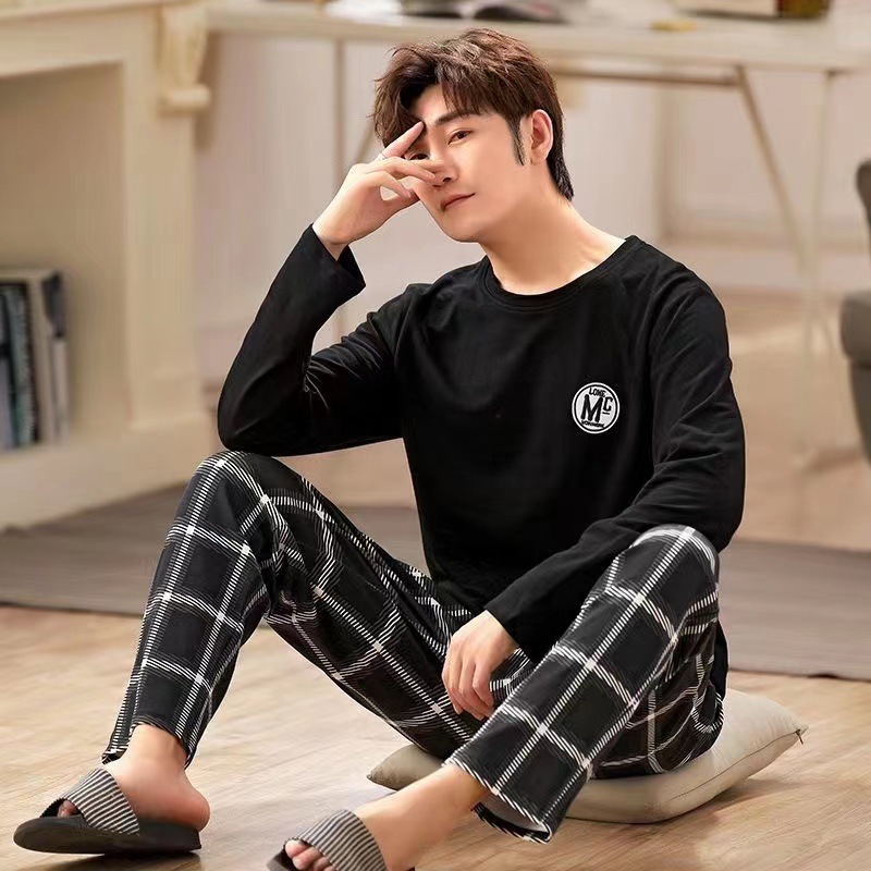CHINEE Men's Long-sleeved Pajama Set Soft Tshirt 2PCS Autumn Home Wear Thin Casual Sleepwear Young Men Nightwear Middle-aged Men Nighty