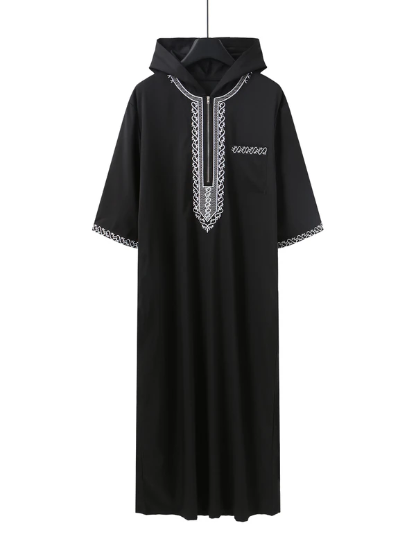 CHINEE-Mens-Loose-Hooded-Embroidered-Solid-Short-Sleeve-Modest-Muslim-Polyester-Thobe-Robe-Summer-Autumn-Middle-East-Anti-pilling