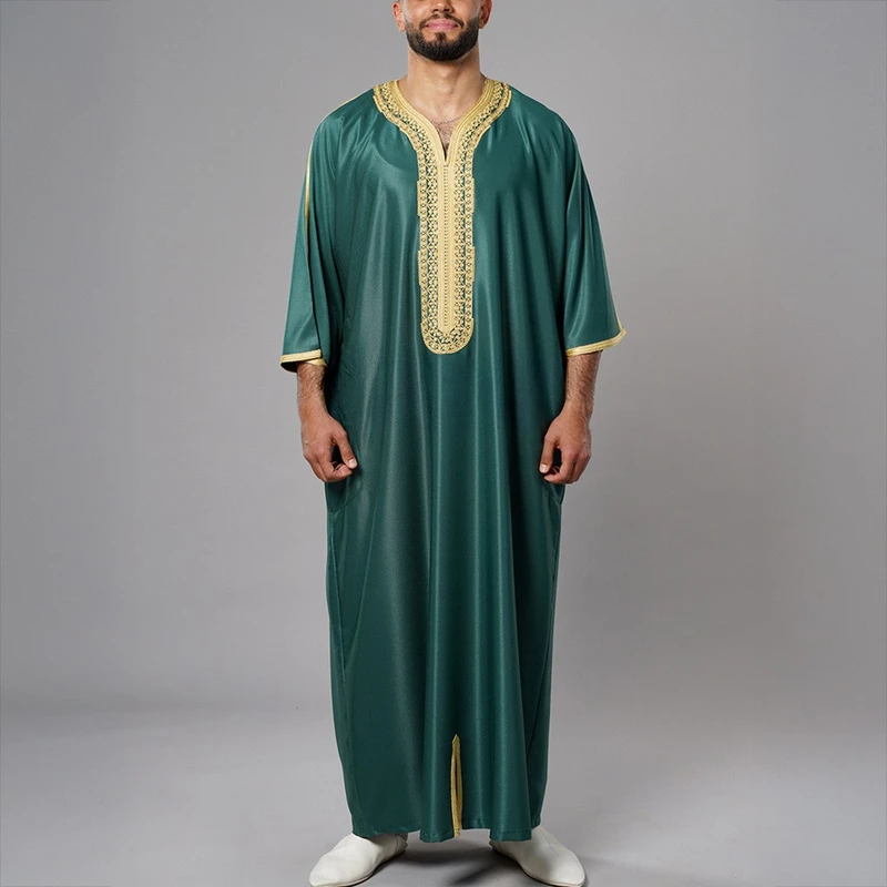 CHINEE Men's Loose Robe Abaya Adults Designed Muslims Middle Eastern Men's Robe Islamic Arabian Style Embroidered Thobe