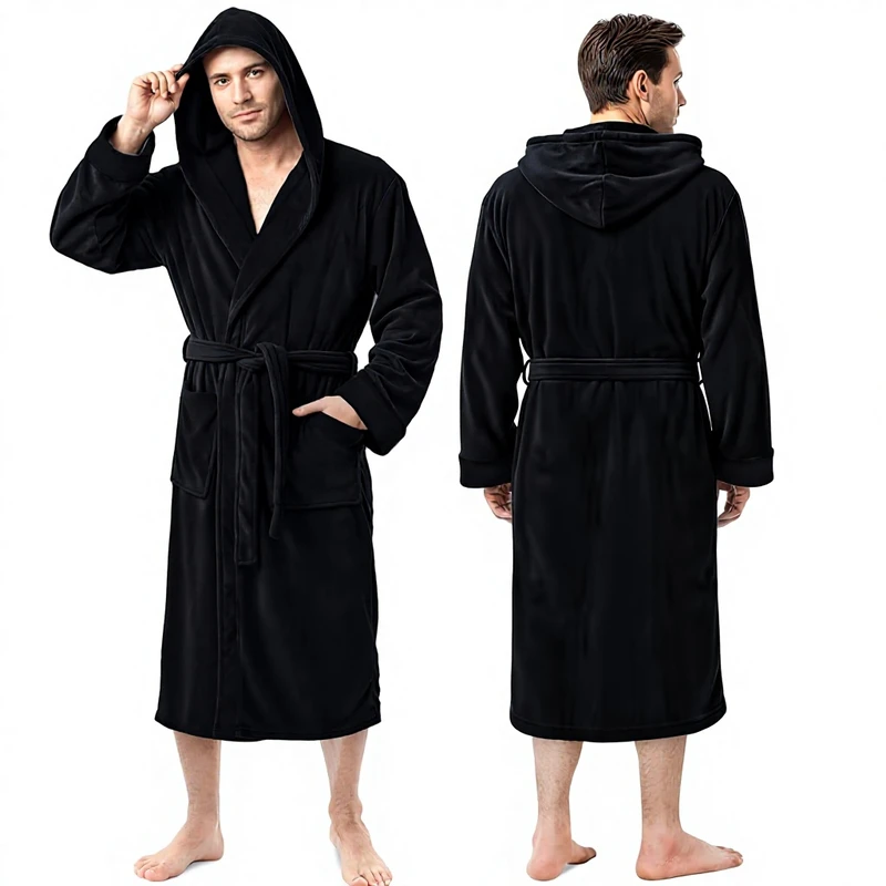 CHINEE Mens Luxury Plush Fleece Hooded Robe 100 Percent Polyester Spa Bathrobe