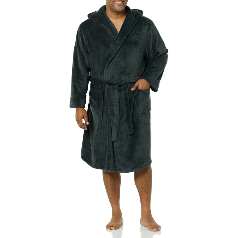 CHINEE Men's Luxury Winter Bathrobe 100% Cotton with Comfortable Hooded Padding Plus Size Thermal Robes for Men Soft Longer Bathrobes