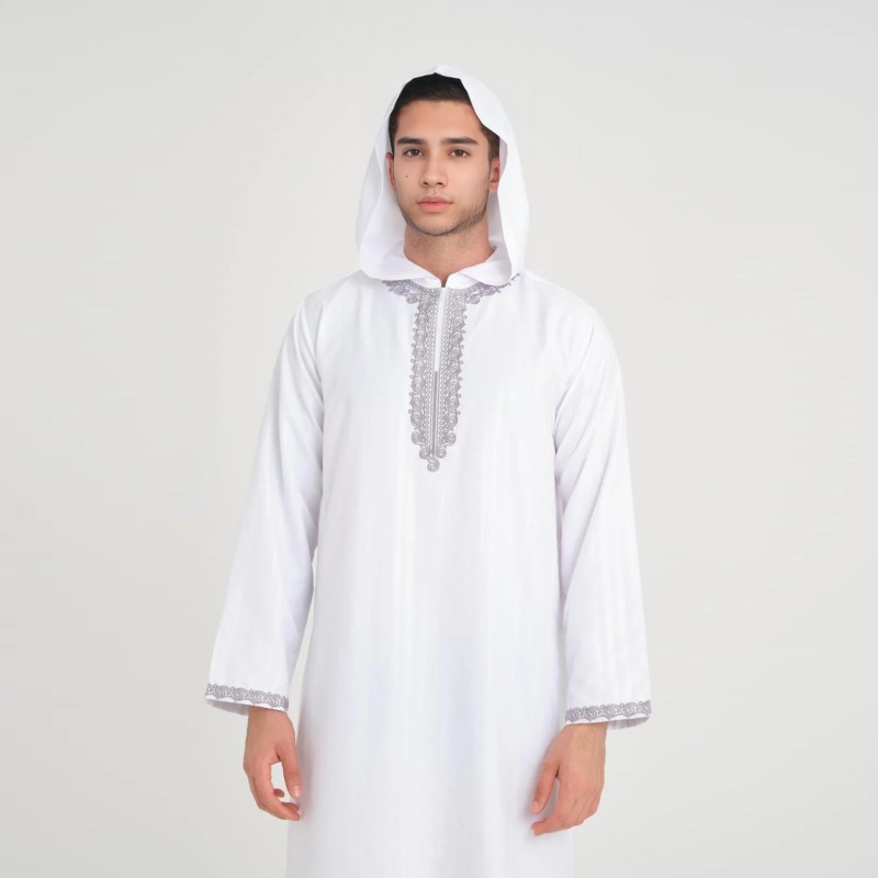 CHINEE Men's Modest Islamic Clothing Embroidered Moroccan Breathable Hooded Robe Polyester Thobe