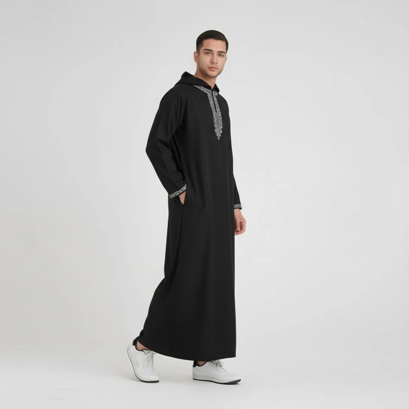 CHINEE Men's Modest Islamic Clothing Embroidered Moroccan Hooded Robe Black Polyester Thobe Zipper Pockets Stock Breathable