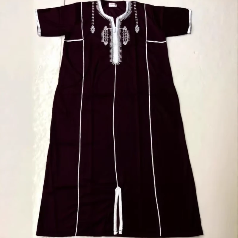 CHINEE Men's Moroccan Djellaba Jubba Traditional Embroidery Short Sleeve Muslim Thobe Loose Islamic Long Robe
