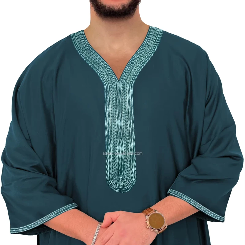 CHINEE Men's Moroccan Embroidered Robe Muslim Robe With Side Pockets Islamic Clothing Arab Dubai Short Sleeves Robe