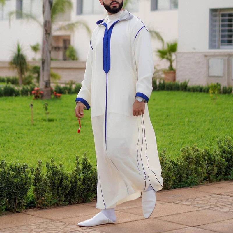 CHINEE Men's Muslim Robe Embroidered Cotton Thobe Colorblock Hooded Floor Length Long Sleeve Anti Pilling Islamic Clothing