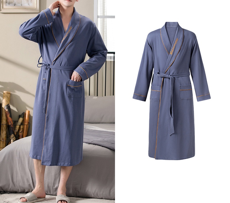 CHINEE Men's Nightgown Pure Cotton Long sleeved Bathrobe Loose Large Size One piece Pajamas Bathrobe Mid length Home Clothes