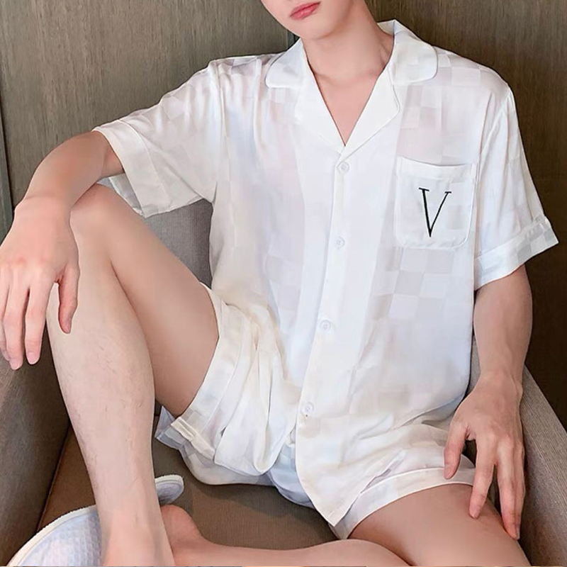 CHINEE Men's Pajama Set Silk Satin Sublimated Men Sleepwear Short Sleeve Silk Pajamas Men Elastic Waist Pant Leisure Outwear Night Wear