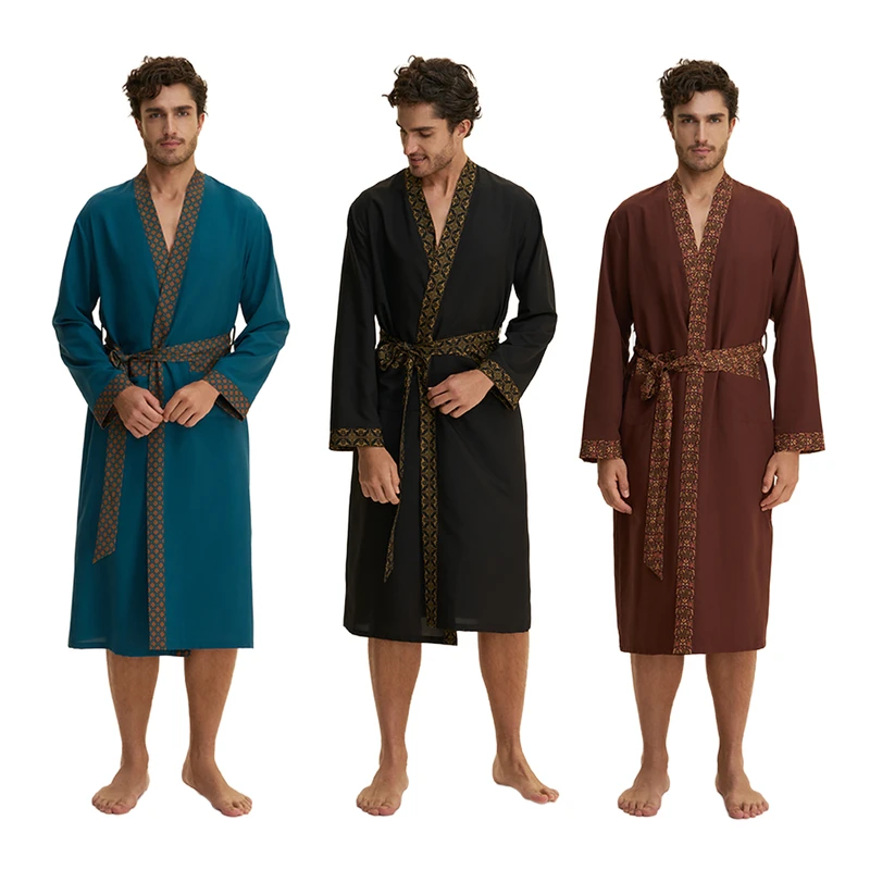CHINEE Mens Pajamas Summer Print Robe and Shorts Set Long sleeved Comfortable Loungewear Set With a Belt