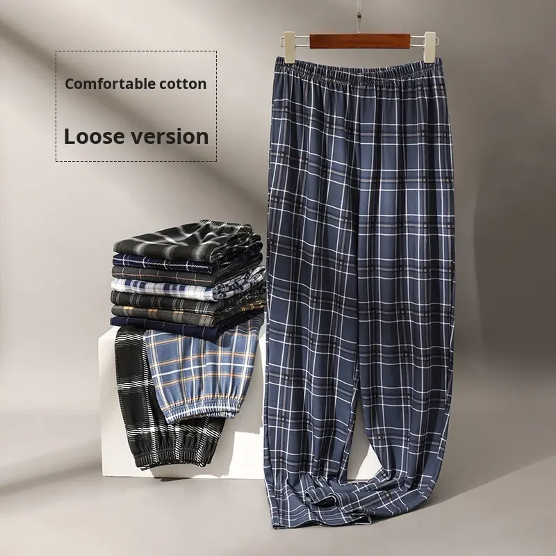CHINEE Men's Plaid Knitted Cotton Pajama Pants Spring Autumn Comfortable Home Use Summer Thin Large Size 5XL Long Air Conditioning