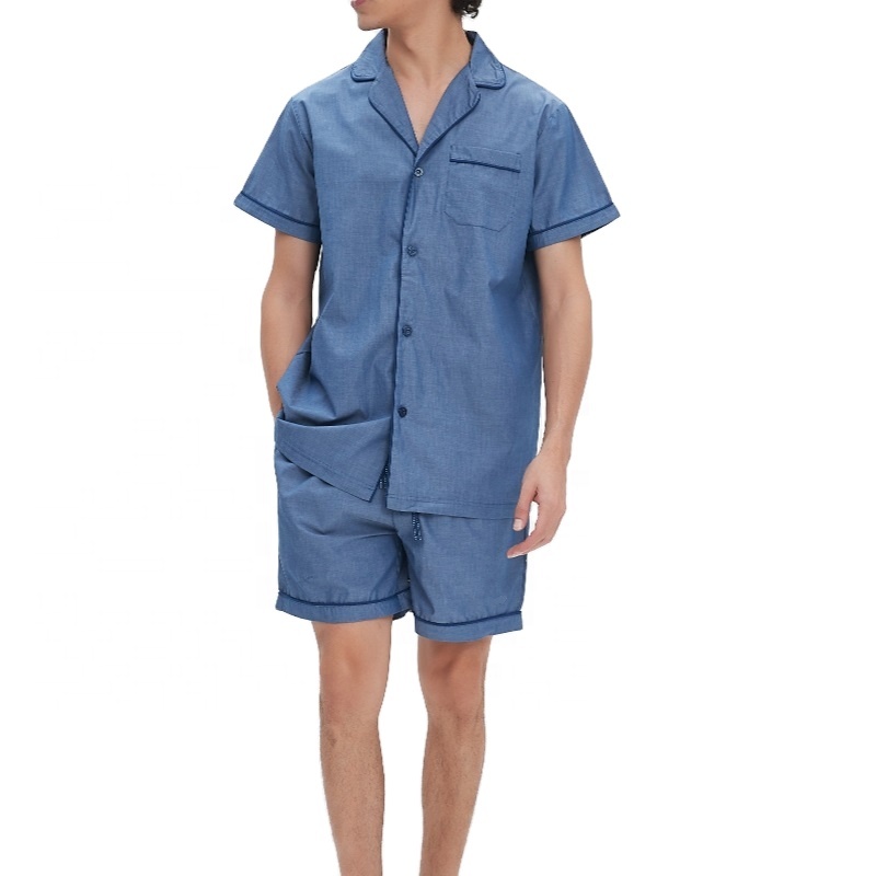 CHINEE Men's Plus Size Solid Navy Short Sleeve Poplin Pajama Set with T-shirt and Shorts