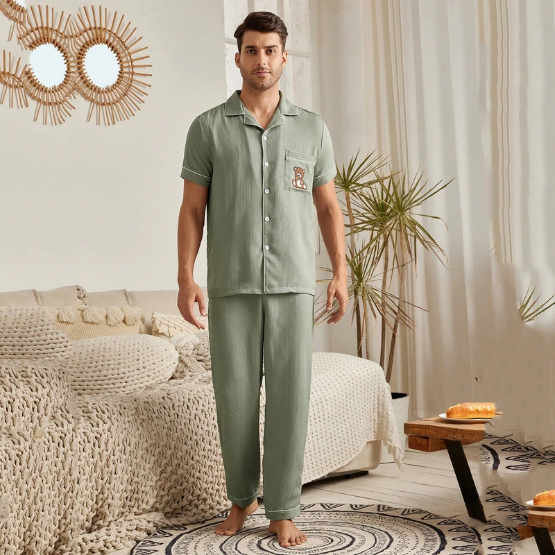 CHINEE Men's Polyester Men Short Sleeve Two Pieces Pajamas Men Bear Design Casual Home Clothes Set