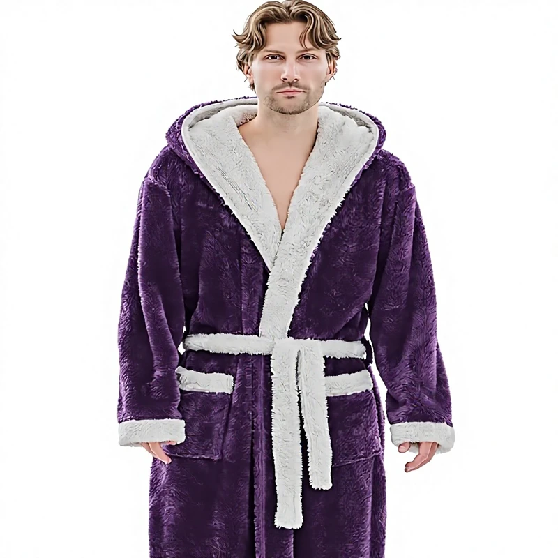 CHINEE Mens Polyester Plush Robes Full Length Big Tall Fleece Hooded Bathrobe Warm Fluffy Cozy Winter Housecoat
