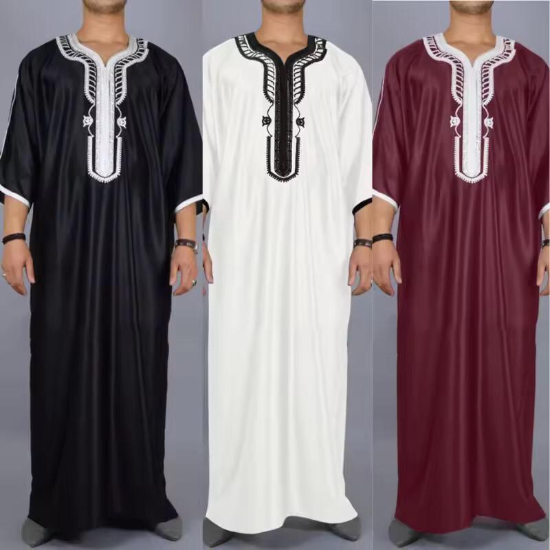 CHINEE Men's Polyester Robe With Qatar Stand Collar and Flap Pocket Arabian Middle East Design for Eid Occasions
