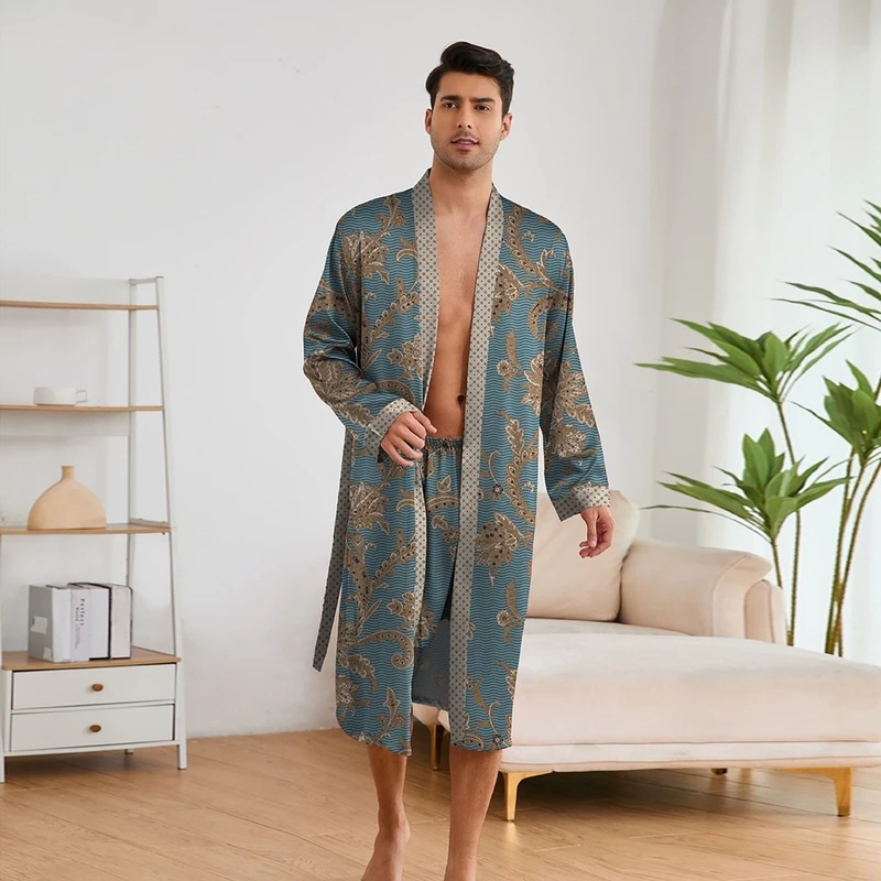 CHINEE Men's Robe 2 Pcs Set Printed Pajamas Long sleeved Suit Home Wear Bathrobe Comfortable