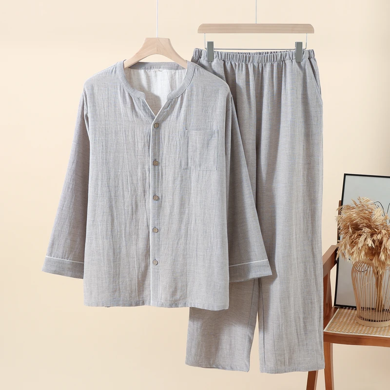 CHINEE Men's Round Neck Long Sleeve Pajama Set in Tencel Linen Blend Ideal for Spring Summer & Autumn