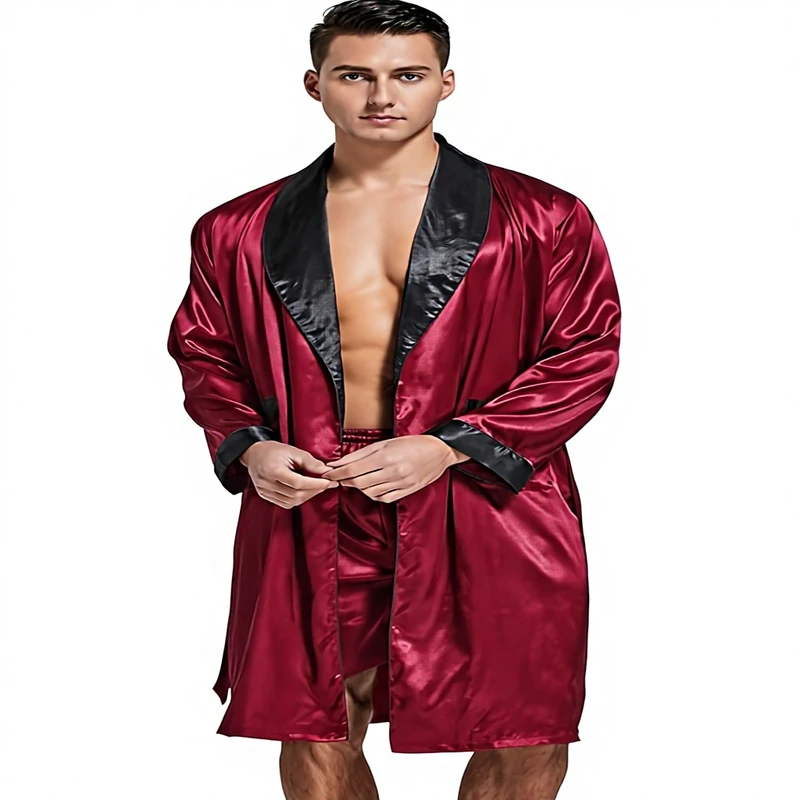 CHINEE Men's Satin Robe Lightweight Long Sleeve Kimono Bathrobe With Shorts Set Sleepwear Solid Pattern Hand Wash Only