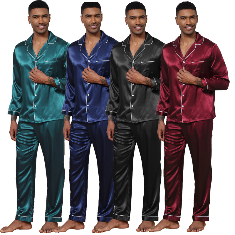 CHINEE Men's Satin Silk Feel Pajama Set Long Sleeve and Pants Comfortable European Style Loungewear