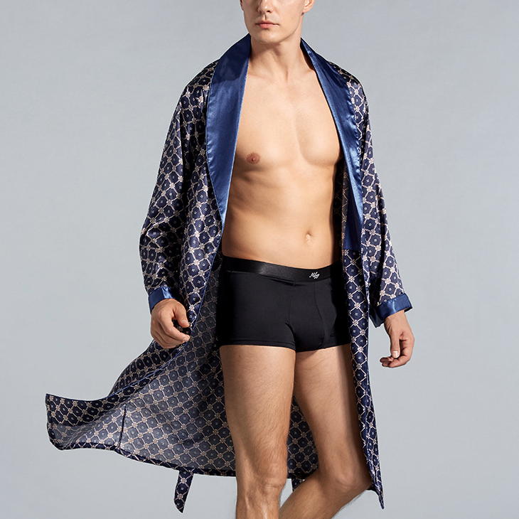 CHINEE Men's Silk Nightgown Thin Long Sleeve Striped Pajamas Men's Sleepwear Oversized Bathrobe Men Spa Bath Robe