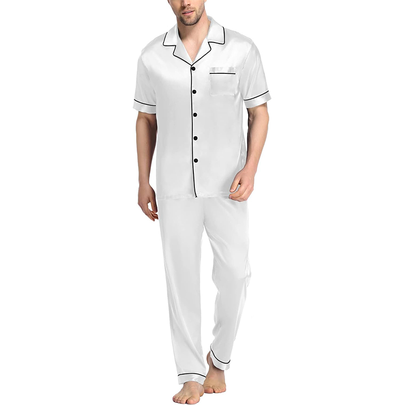 CHINEE Men's Silk Pajama Set Short Sleeve Classic Sleepwear Button Down Loungewear Set With Long Pants