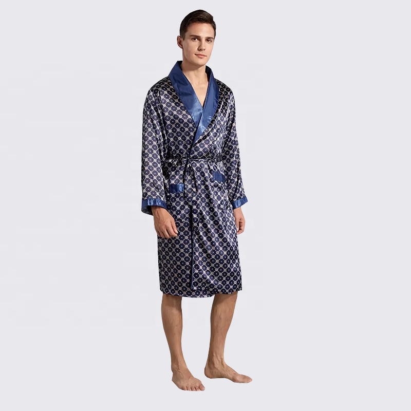 CHINEE Men's Silk Robes Night Gown Printing Robe for Groom Summer Thin Silk Long sleeved Pajamas Plus Size Bathrobe