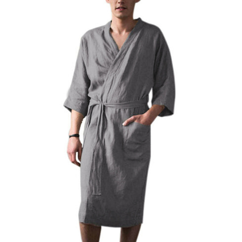 CHINEE Men's Sleep Robes Three Quarter Sleeve New Fashion Long Bathrobe Home Clothes Solid Color Comfort Linen Pajamas Robe Nightwear