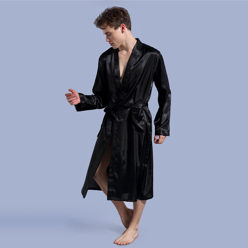 CHINEE Men's Solid Color Robe Thin Cardigan Robe Loose Large Size Long Sleeve Spring and Autumn Light Bathrobe