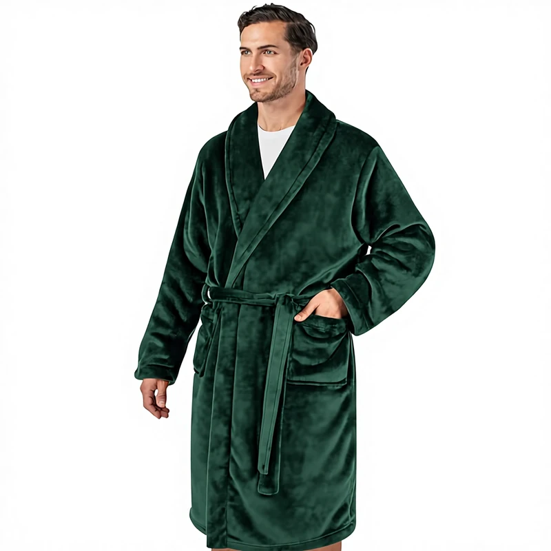 CHINEE Mens Solid Soft Lightweight Fleece Bathrobe with Shawl Collar Tie Belt Long Robe for Bath Shower Spa