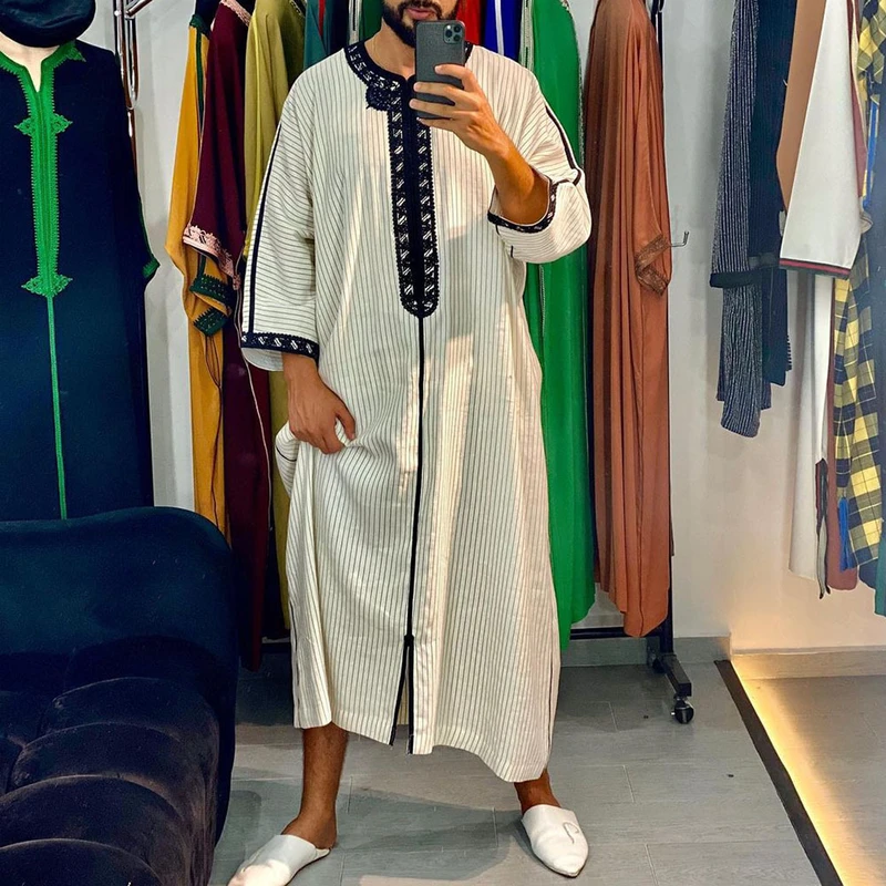 CHINEE Men's Striped Embroidered Casual Long Robe