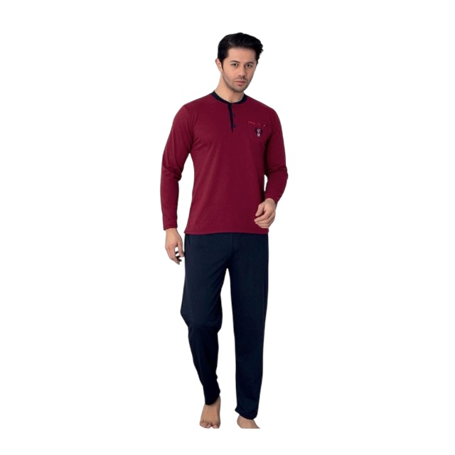 CHINEE Men's Stylish Soft Cotton Blend Thermal Pajama Set Long Sleeve Breathable Quick Dry Knitted Home Wear Loungewear Sleepwear