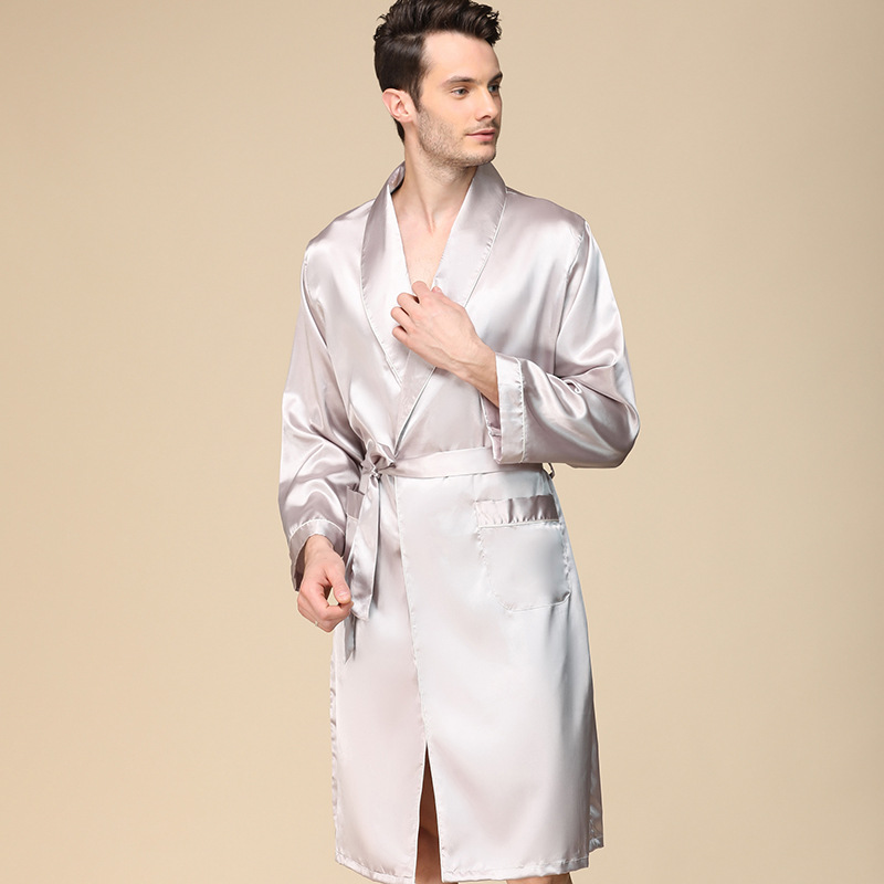 CHINEE Men's Summer Comfortable Breathable Ice Silk Bathrobe Single Piece Nightgown Long Sleeved Pajamas in Plus Size for Sleepwear