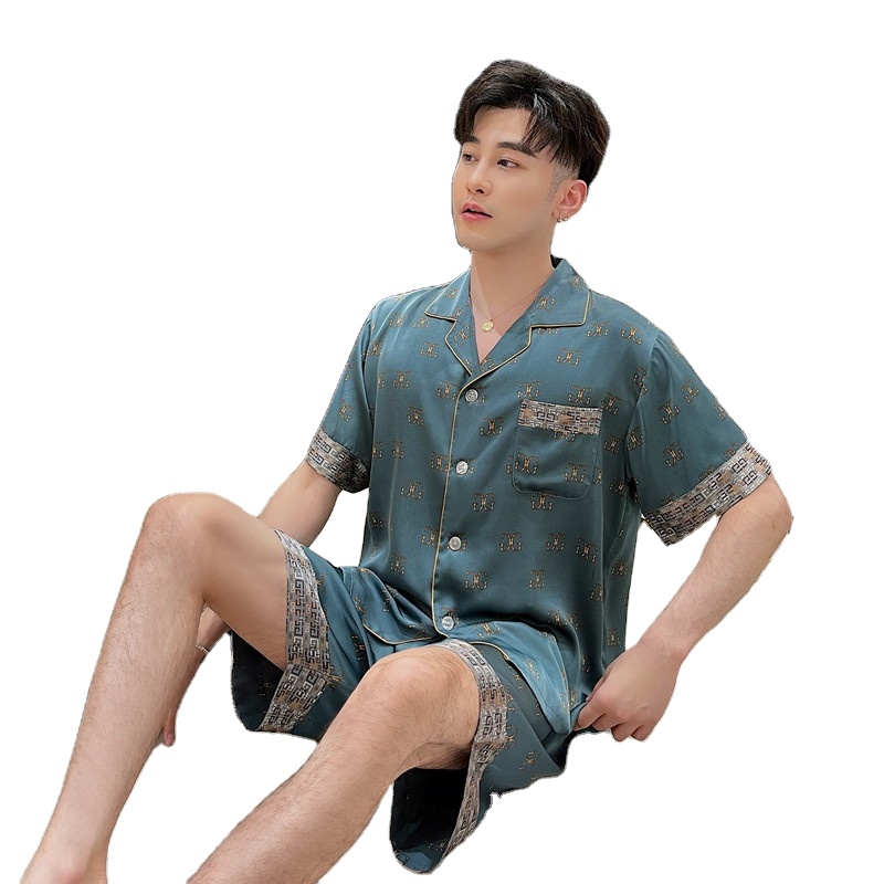 CHINEE Men's Summer Ice Silk Short Sleeve Sleepwear, Home Clothes, Plus Size, Thin, Casual Night Suit